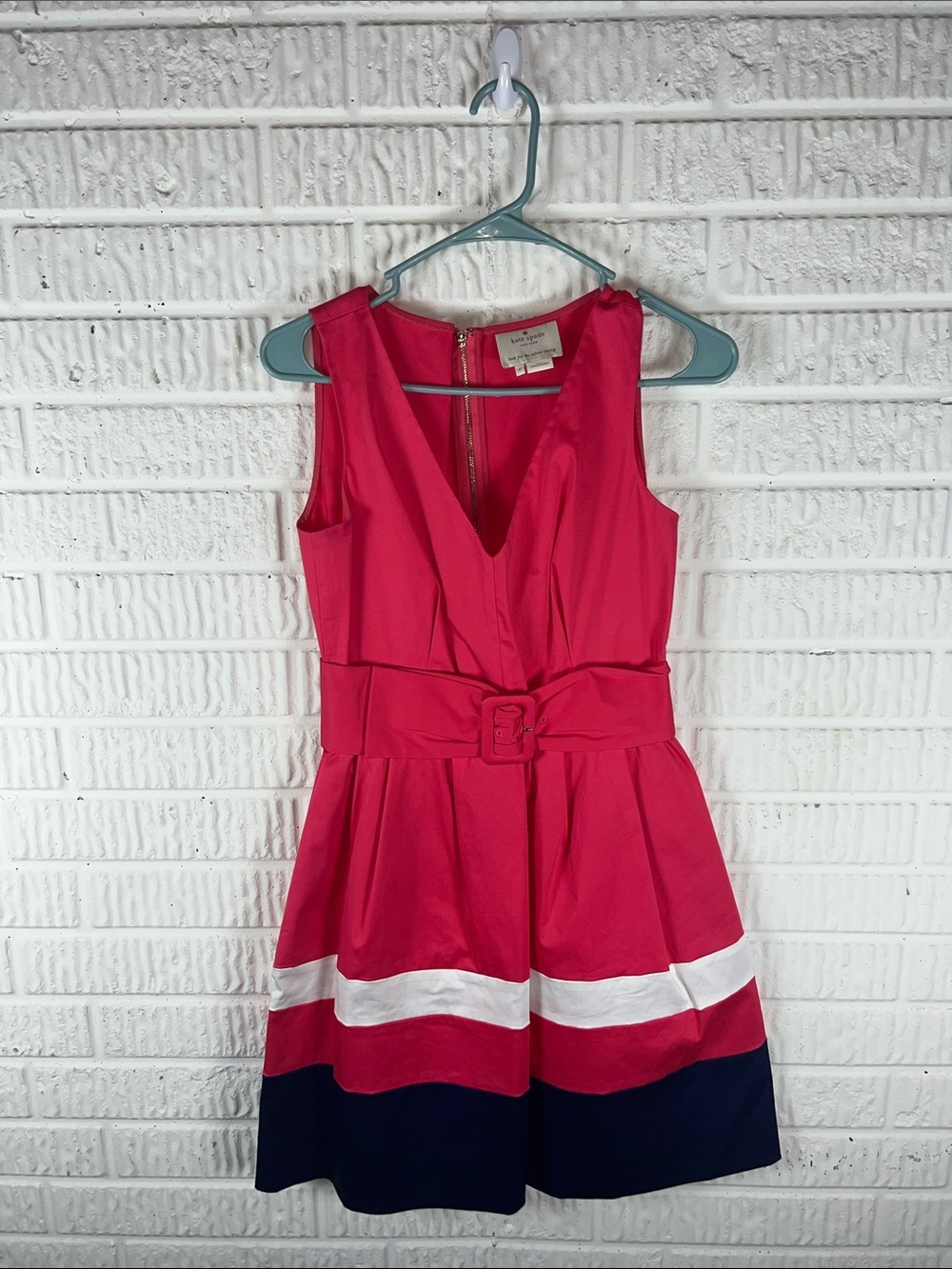 Kate Spade Sleeveless Colorblock Fit-and-Flare Dress in Hot Pink, White & Navy